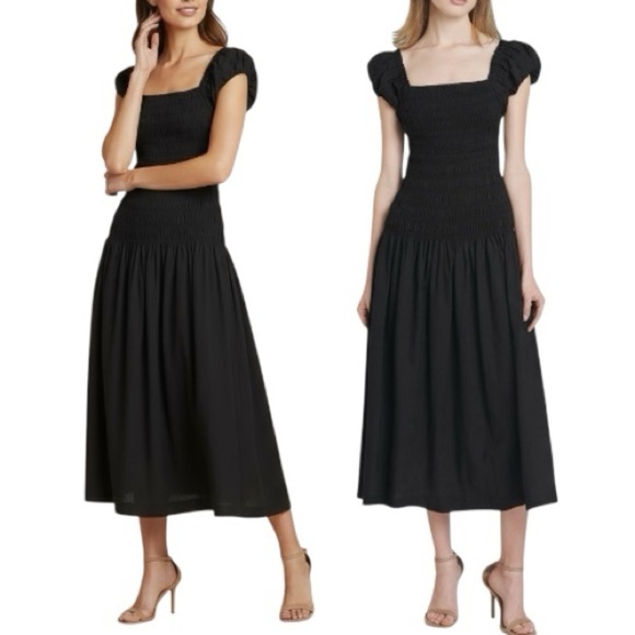 Caroline Constas Women’s Cotton Shirred Bodice Short Puff Sleeve Midi Dress NEW - Picture 2 of 16